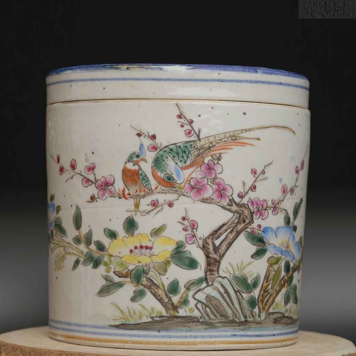 【日本製】 清代粉彩富貴滿園茶葉罐（綬帶鳥） 慈悲音 工芸品