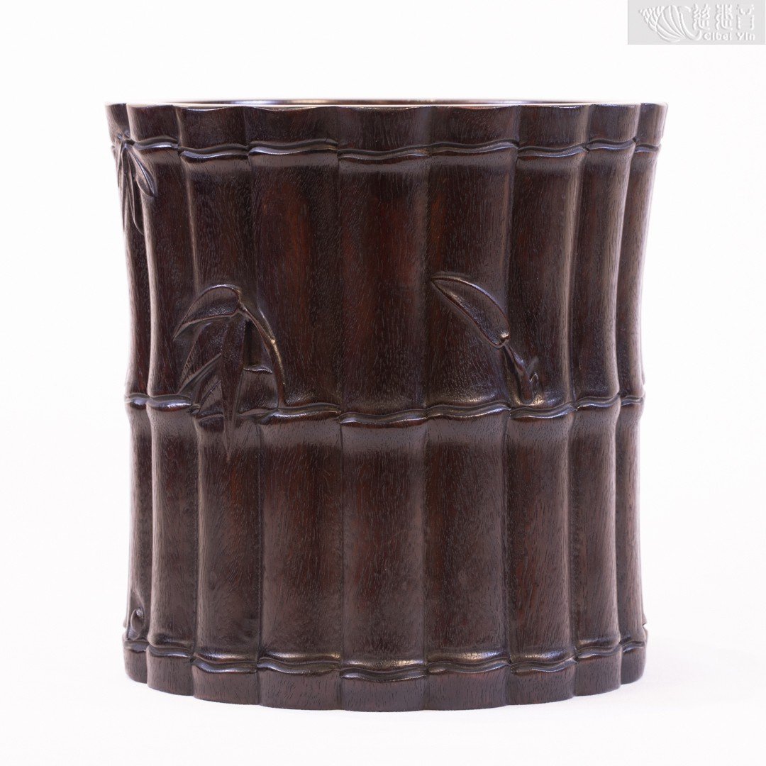 紫檀雕竹節紋筆筒慈悲音 