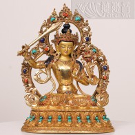 銅鎏金鑲寶-文殊菩薩像(26cm)