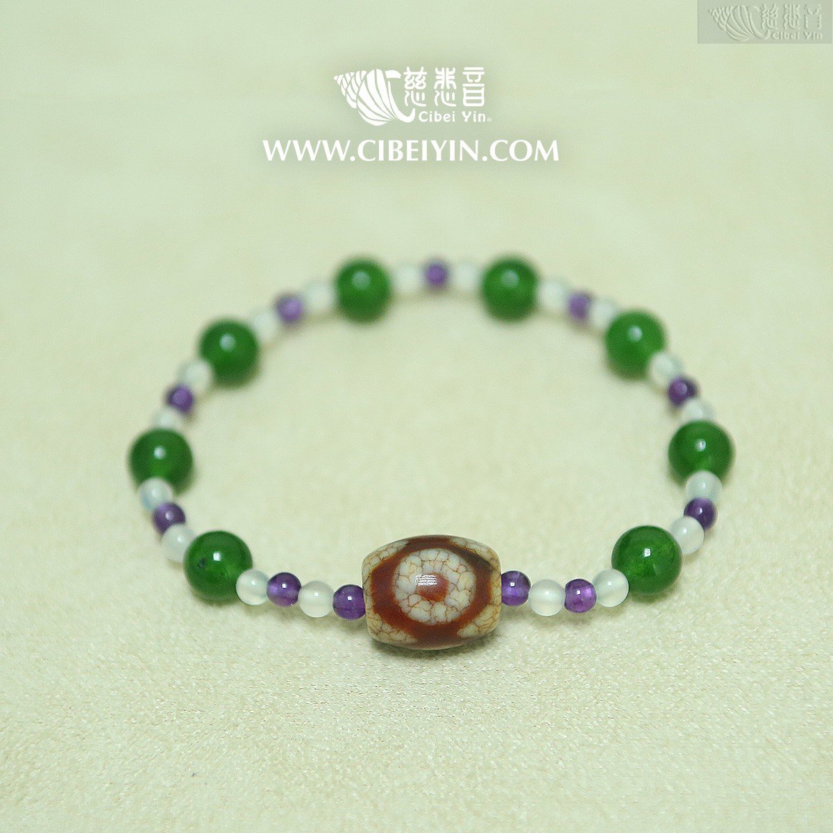 半宝石天珠手串~三眼天珠-A款15x13mm 慈悲音