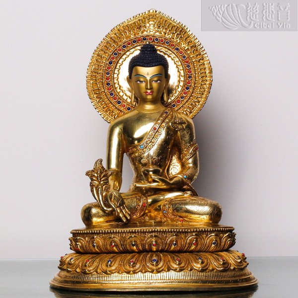 铜鎏金镶宝药师佛像(30cm)