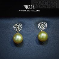 金色海水珍珠18K耳环-A