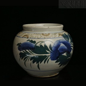 清代青花绿釉花开富贵茶罐 大大号 