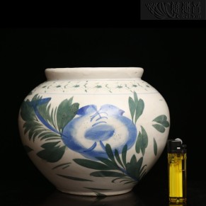 清代青花绿釉花开富贵茶罐 大号