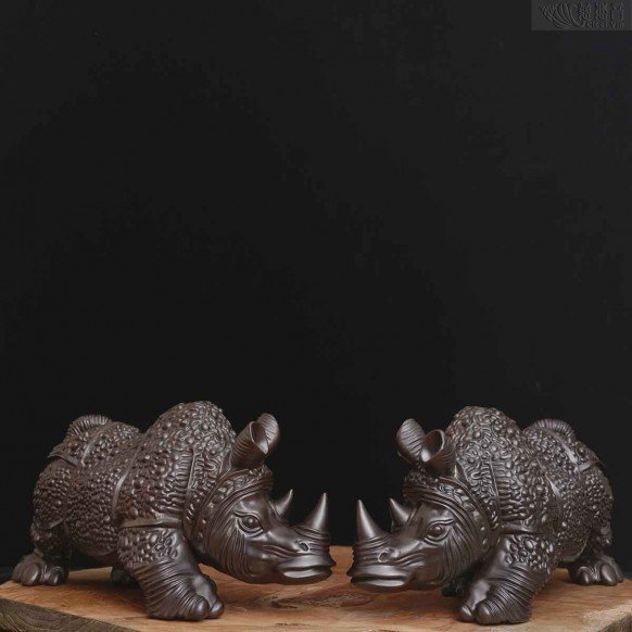 铜质盔甲犀牛摆件-古铜色一对