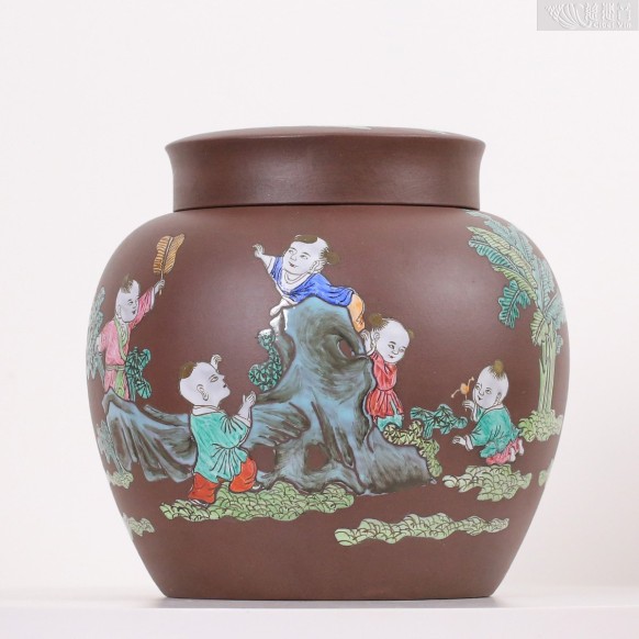 中国彩绘紫砂茶罐