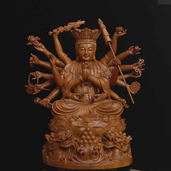 珍品 木彫仏像 准提菩薩座像 准提仏母 彫刻 一刀彫 天然木檜材 極上彫刻 木彫り仏像 准胝観音菩薩 七倶胝仏母像 天人丈夫観音