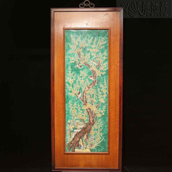 A Green-Ground Sancai 'Magpie and Prunus' Plaque 