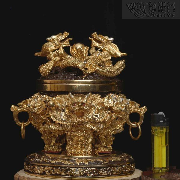 Jiulong Auspicious Incense Burner (Cast Copper and Gold Plated)