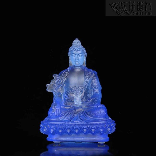 Blue Colored Glazed Crystal Medicine Buddha Statue