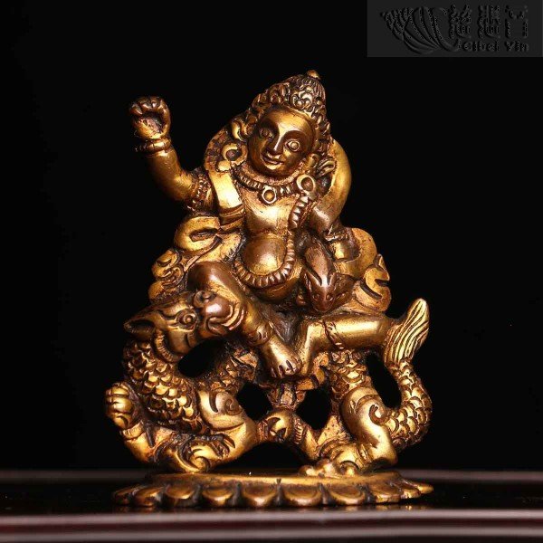 Bronze Gilded Tibetan dragon riding a white god of wealth