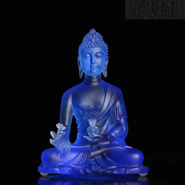 Blue Colored Glazed Crystal Medicine Buddha Statue