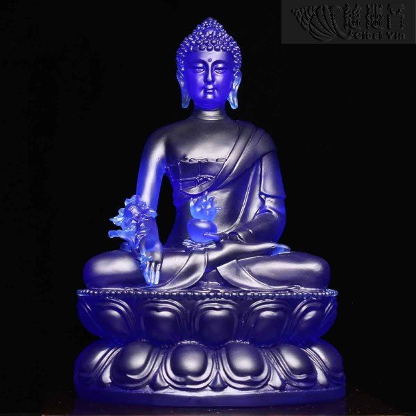 Blue Colored Glazed Crystal Medicine Buddha Statue