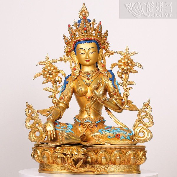  "Infinite Radiance"Gilt-Bronze Green Tara Statue with Inlaid Gems - Revered by Grandmaster JinBodhi