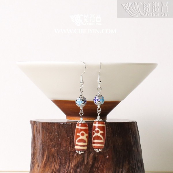 God of Wealth Dzi Bead Earrings (Red) - Random Shipment