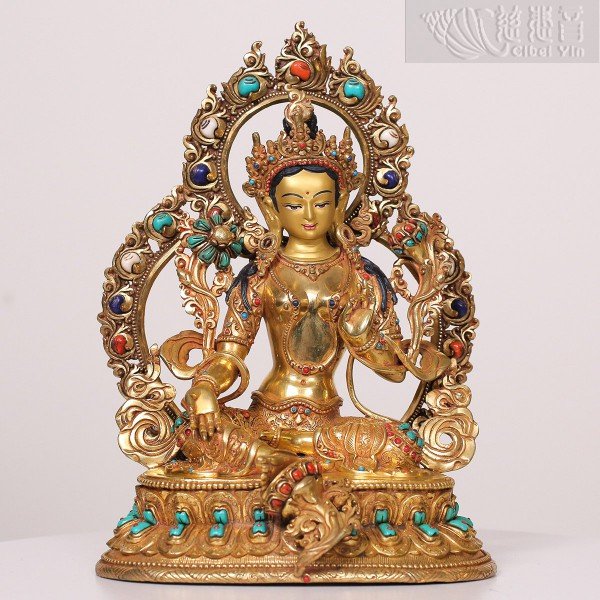 Gilt-Bronze Green Tara Statue with Inlaid Gems (26cm)