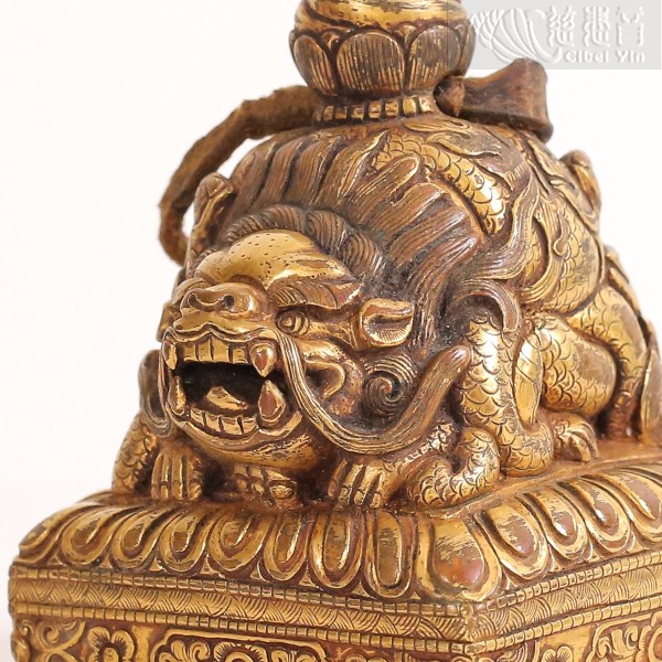 Mongolian Gilt-Bronze Square Seal with Mythical Beast Finial, Qing Dynasty