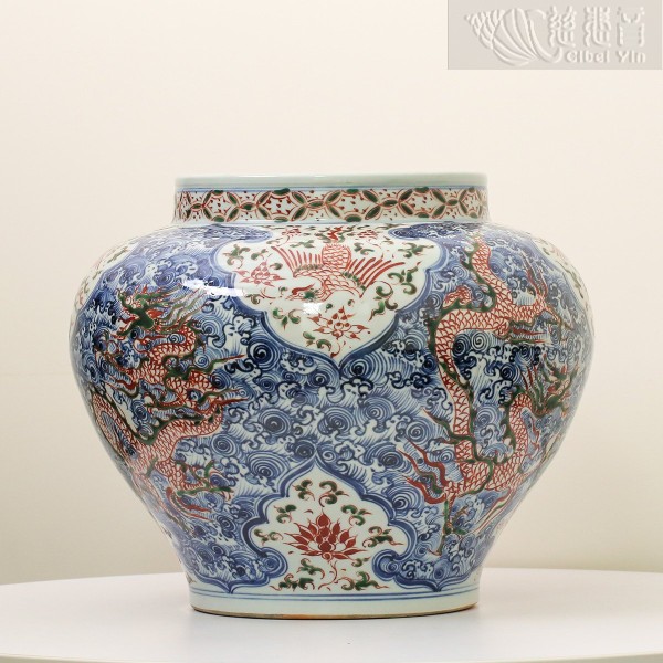 Blue and White Porcelain Jar with Dragon and Phoenix Motif