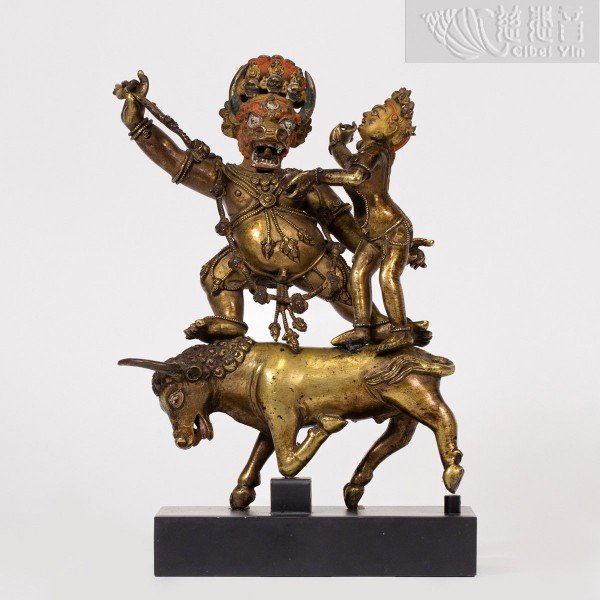"Tibetan 16th Century Copper Gilt Yama Dharmaraja with Sister Guardian Statue" 