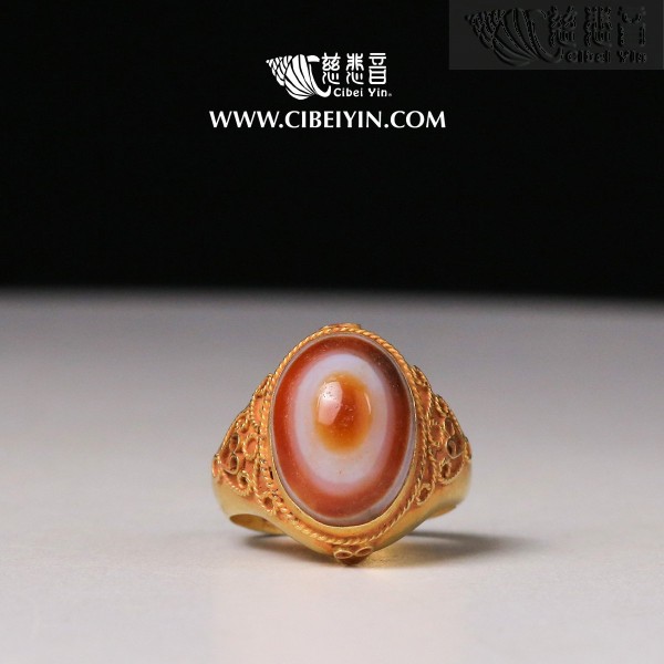 Ancient Dzi Bead Gold Ring-7 (Natural Red Agate Heaven's Eye Dzi Bead)