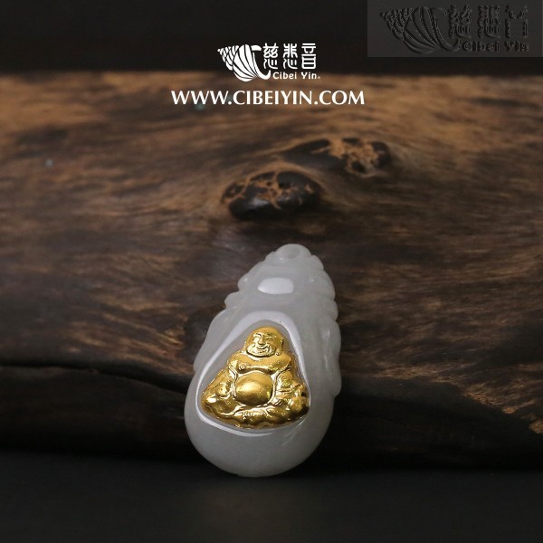 Gold-Inlaid Jade Maitreya Buddha Pendant – 2143