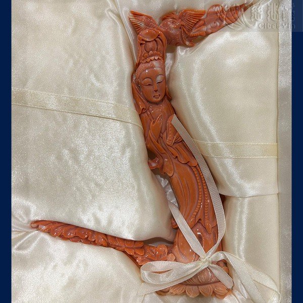 20th Century Coral Carving of Bodhisattva Guanyin with a Precious Vase