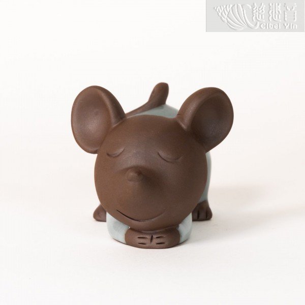 Zen Tea Pets -"Reminiscing" Good Fortune Mouse (Tail Up) - Blue