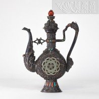 A Mongolian 19th Century Inlaid Silver Offering Ewer