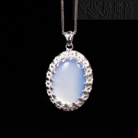 Natural Blue Chalcedony Silver Pendant (Large) -A