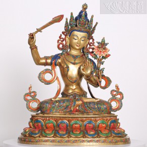 Gilt-Bronze Hand-Painted Manjushri Bodhisattva with Inlaid Jewels - Grandmaster JinBodhi Special Collection