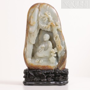 Qing Dynasty, Green Jade Luohan Figure with Retained Skin