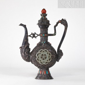 A Mongolian 19th Century Inlaid Silver Offering Ewer