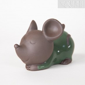 Zen Tea Pets -"Reminiscing" Good Fortune Mouse (Tail Up) - Green