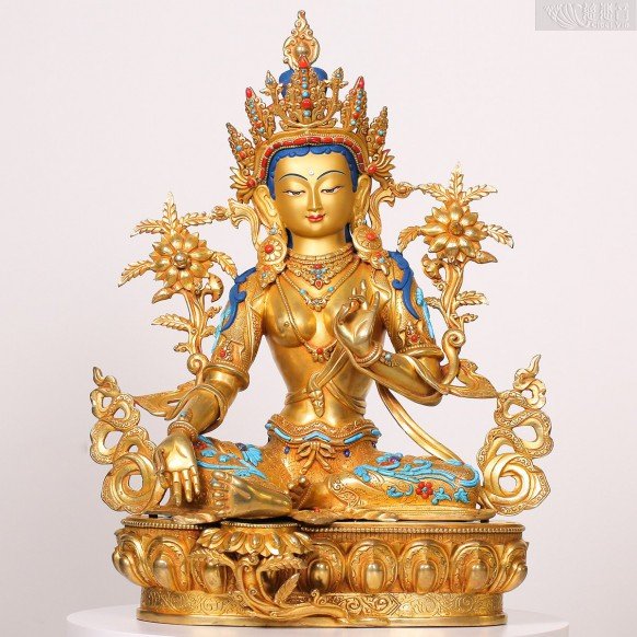  "Infinite Radiance"Gilt-Bronze Green Tara Statue with Inlaid Gems - Revered by Grandmaster JinBodhi