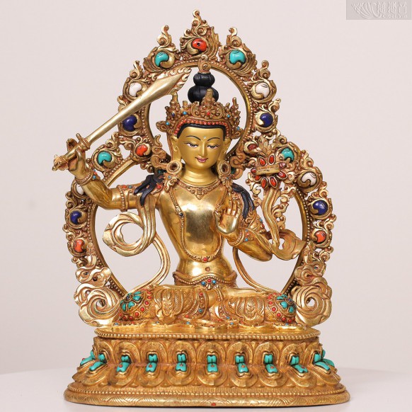 Gilt-Bronze Manjushri Bodhisattva with Inlaid Gems (26cm)