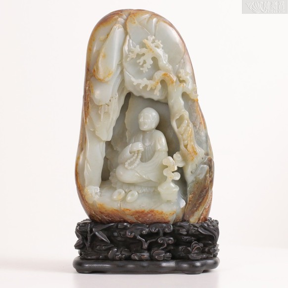 Qing Dynasty, Green Jade Luohan Figure with Retained Skin