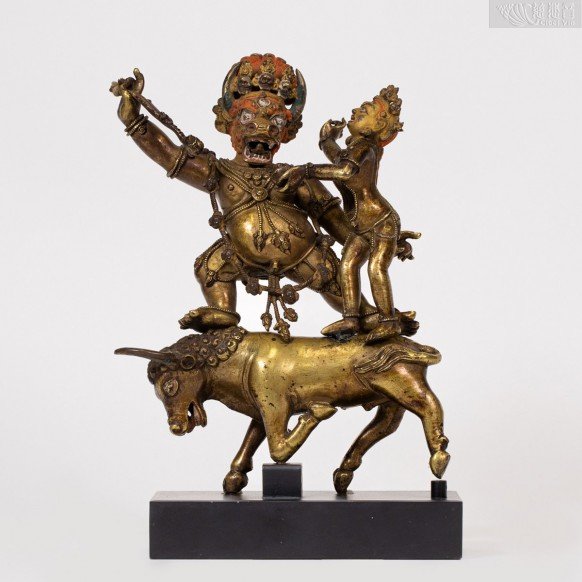 "Tibetan 16th Century Copper Gilt Yama Dharmaraja with Sister Guardian Statue" 
